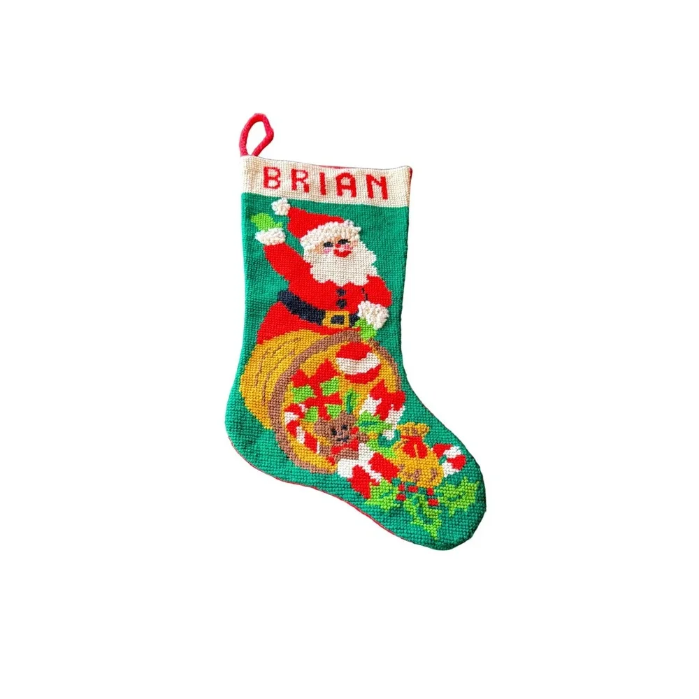 Vintage Needlepoint Christmas‎ Stocking Santa Claus Brian Personalized Green Red